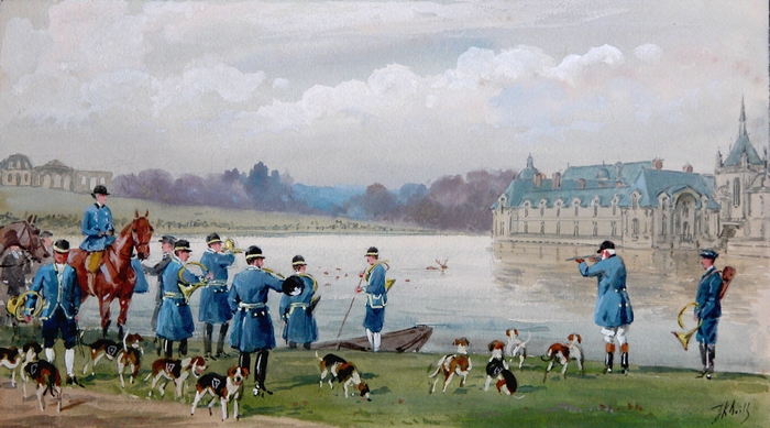 Bat-l'eau devant le château de Chantilly - Collection particulière - Don à la Société de Vènerie